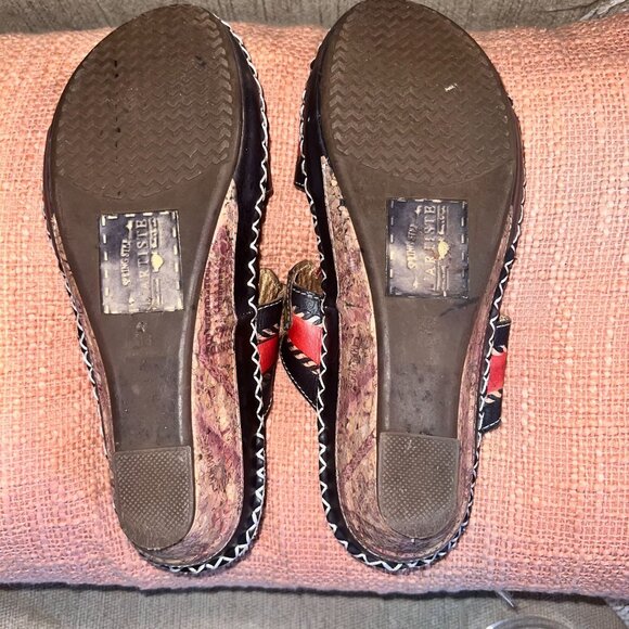 L'Artiste Leather Wedge Sandals Floral w/Beads BLK MLTI Womens Size 38 (US 8) - Picture 6 of 12
